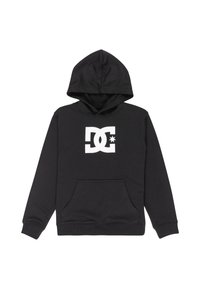 Čierna mikina s kapucňou vyrobená z bavlny s predným vreckom. Disponuje veľkým bielym logom DC na hrudi a sťahovacou kapucňou. Hladká textúra.