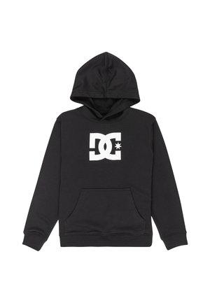 Sudadera negra de algodón con un bolsillo frontal. Presenta un gran logotipo blanco de DC en el pecho y una capucha con cordón. Textura suave.