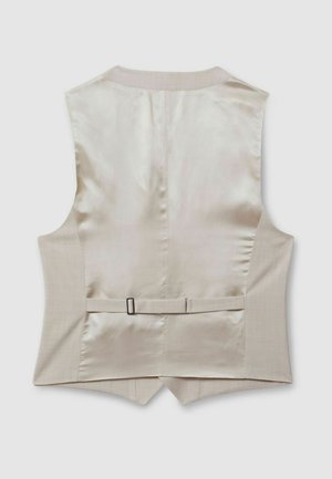 Beige Weste mit glattem Satinrücken und strukturiertem Stoff vorne. Verfügt über einen Rückenriemen mit einer Metallschließe und einem abgerundeten Saum.