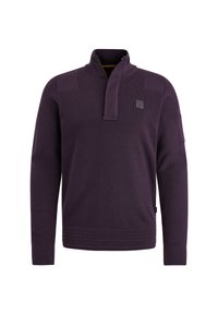 Lila Pullover mit einem Halb-Reißverschlusskragen, gerippten Bündchen und Saum, der ein kleines Logo auf der Brust und strukturierte Einsätze an den Schultern hat.