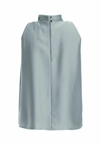 Cape sans manches gris clair avec col montant et deux boutons noirs au niveau du cou, présentée à plat sur fond blanc.