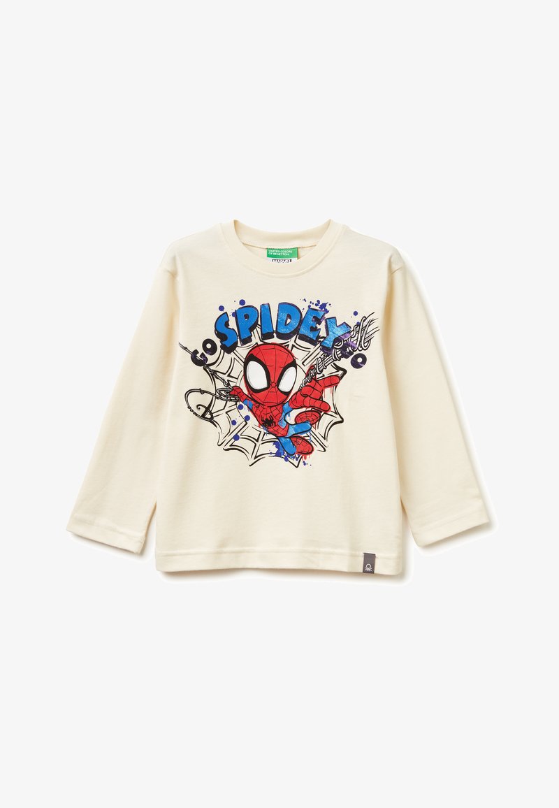 Cremfarbener Langarm-T-Shirt mit einem bunten Spider-Man-Graphic in Blauakzenten und Netzdesign. Aus Baumwollmaterial mit Rundhalsausschnitt.