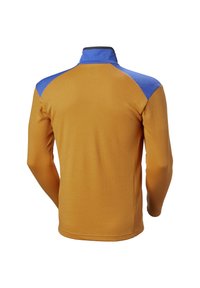 Koszula z długim rękawem o jasnobrązowym kolorze, niebieskie akcenty na ramionach oraz wysoki kołnierz. Gładka faktura, dopasowany krój, brak widocznych logo.