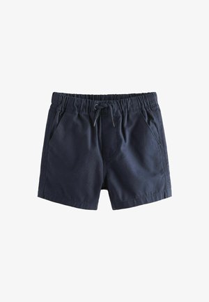 Marineblauwe shorts van ademend materiaal, met een elastische tailleband, koord en twee zijzakken. Soepele textuur, casual ontwerp.
