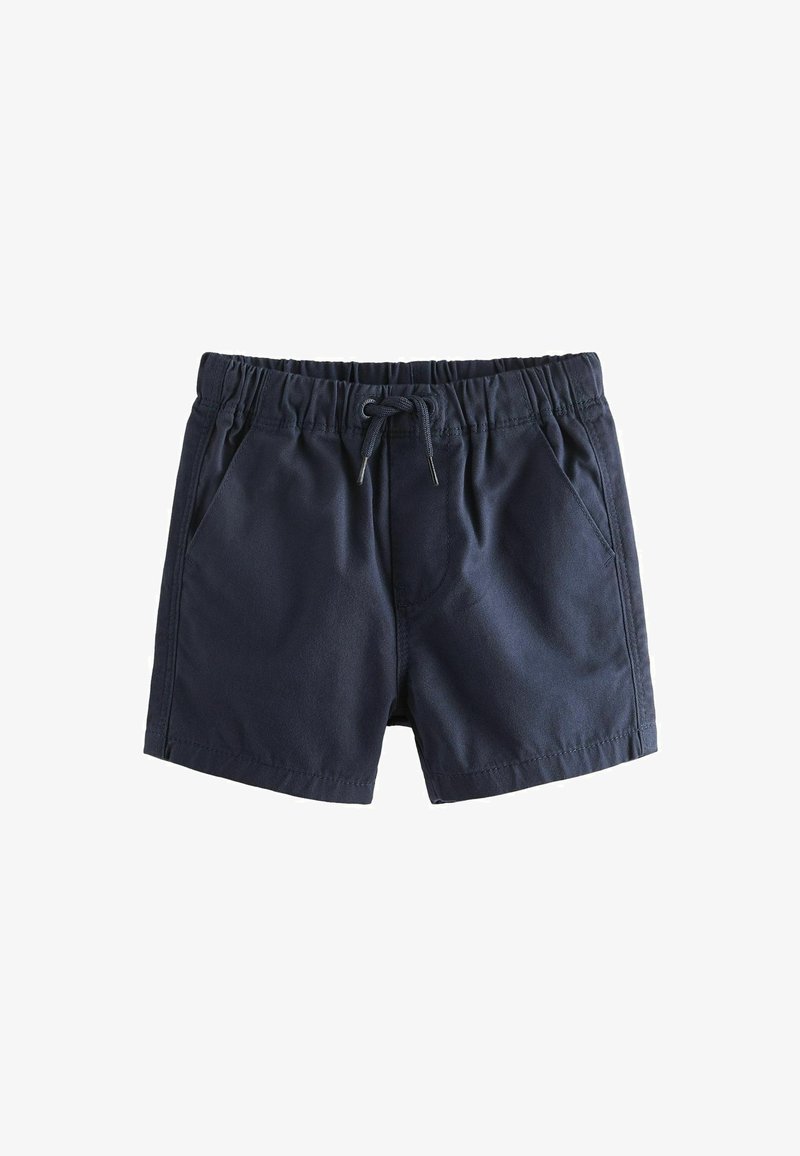Pantaloni scurți bleumarin dintr-un material respirabil, cu talie elastică, șnur de ajustare și două buzunare laterale. Textură netedă, design casual.