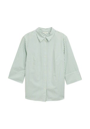 Grün-weiße gestreifte Hemdbluse mit Kragen, Dreiviertelärmel und zwei Vorderaschen. Weicher Stoff mit glatter Textur.