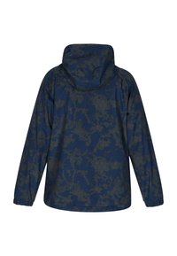 Giacca impermeabile blu navy con motivo esagonale, dotata di cappuccio e polsini elastici. Texture liscia, materiale leggero per l'uso all'aperto.