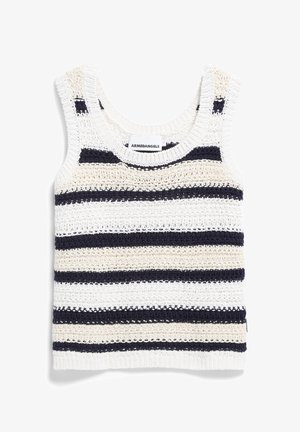 Striped tank top in white, beige, and navy. Crocheted texture, sleeveless design, with a rounded neckline and a label at the back.