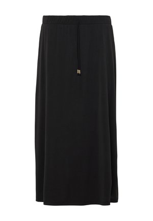 Schwarzer Midirock aus weichem Material mit elastischem Bund und verstellbarem Kordelzug, verziert mit goldfarbenen Akzenten. Fällt mit einer lockeren Silhouette.