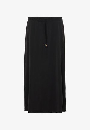Zwarte midi-rokken van zachte stof met een elastische tailleband en een verstelbaar koord met gouden accenten. Valt in een ontspannen silhouet.