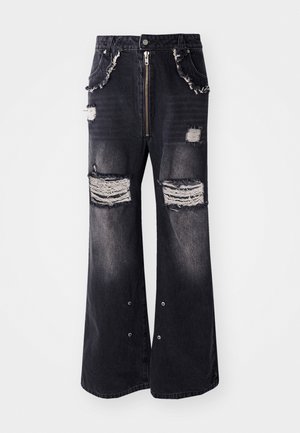 Weit geschnittene schwarze Jeans aus Denim mit abgeriebenen Details, ausgestattet mit einem Frontreißverschluss, fransigen Kanten und großen Rissen an den Knien.
