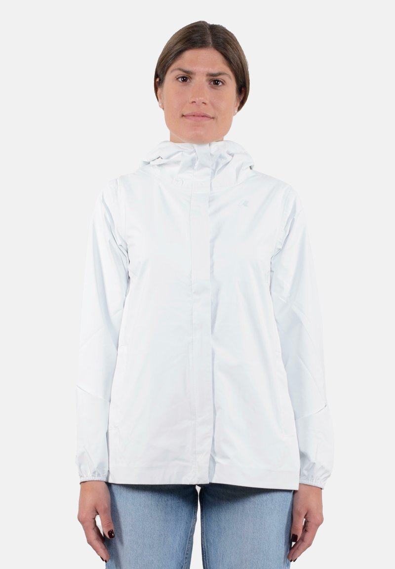 Giacca leggera bianca con cappuccio, chiusura frontale con zip e polsini elasticizzati. Tessuto morbido e design semplice. Nessun motivo o dettaglio visibile.