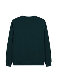 Sudadera de manga larga verde oscuro con cuello redondo, textura de canalé y ajuste relajado. Presenta un dobladillo recto y hombros caídos.