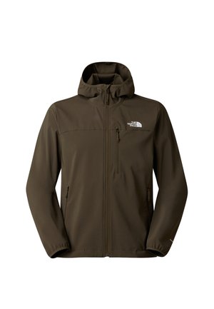 Dark olive green hooded softshell jacket with front zipper, two side pockets, chest pocket, and The North Face logo on the chest.