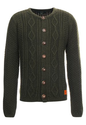 Dark green knit cardigan featuring a textured pattern, round neck, and six contrasting buttons down the front. Includes a brand tag.