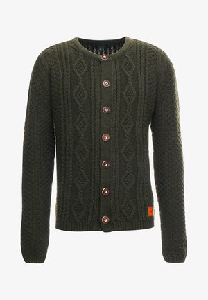 Dunkelgrüner Strickcardigan mit strukturiertem Muster, Rundhalsausschnitt und sechs kontrastierenden Knöpfen auf der Vorderseite. Inklusive Markenschild.