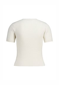 Ribbed, cream-colored short-sleeve top with a fitted design and rounded neckline. Soft texture with a smooth finish, ideal for layering.