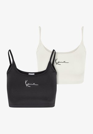 Du mėgėjų marškiniai: vienas juodas, kitas baltas, abu su reguliuojamomis plonytėmis petnešomis ir ranka rašytu logotipu kontrastingomis spalvomis.