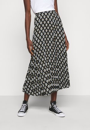 Svart maxikjol med ett geometriskt diamantmönster i kräm- och olivtoner. Tillverkad av lätt material med en plisserad design.