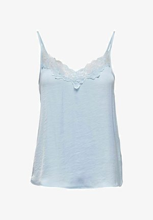 Ljusblå cami-top med justerbara axelband, med en spetskant längs halsringningen och ett mjukt, lätt tyg.