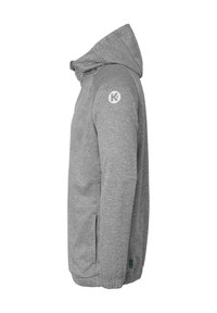 Gray hooded jacket made of soft fabric. Features a zip closure, side pockets, and a logo on the left sleeve. Casual, streamlined design.