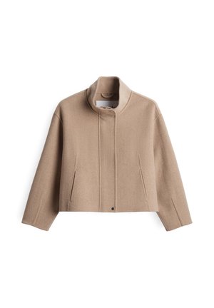 Beige cropped Wolljacke mit Stehkragen, verdeckten Vorderknöpfen, langen Ärmeln und zwei seitlichen Taschen.