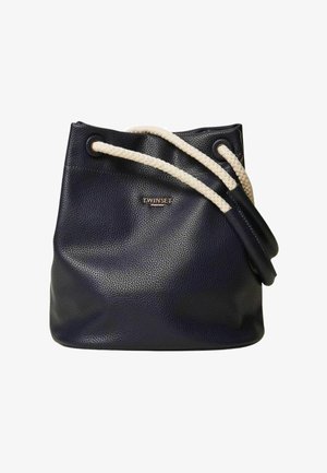 Borsa a secchiello in pelle nera testurizzata con manici a cordoncino intrecciato bianco e piccolo logo Twinset Milano dorato sul davanti.