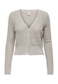 Cardigan gris, raccourci, en maille tricotée. Il présente un col en V, une fermeture à boutons et des manches longues avec des poignets et un ourlet à côtes.