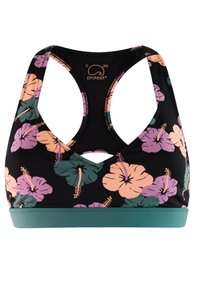 Zwarte sportbeha met tropisch patroon van roze, paarse en groene hibiscusbloemen, racerback-ontwerp en groene elastische band aan de onderkant.