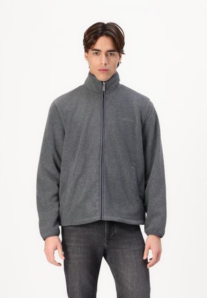Grå zip-up fleecejakke med høy krage, sidelommer og elastiske mansjetter; myk tekstur, uformell design, passende for kjøligere vær.