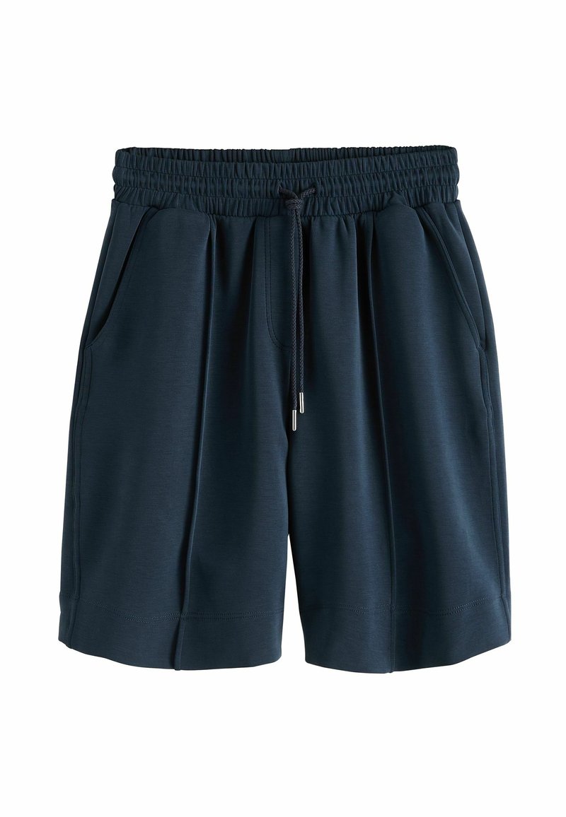 Shorts décontractés bleu marine avec taille élastique et cordon de serrage, dotés de poches latérales et d'une coupe droite.