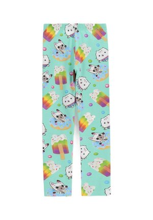 Jasnoniebieskie legginsy dziecięce z nadrukiem kreskówkowych kotów, pączków, lodów na patyku w kolorach tęczy i kolorowych wzorów cukierków.