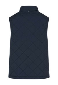 Gilet matelassé bleu marine sans manches avec motif de piqûres en losanges et col montant, vu de dos.
