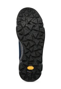 Suola in gomma nera con un motivo a rilievo triangolare, caratterizzata da un logo Vibram giallo. Fianchi in materiale scamosciato blu scuro.