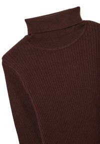 Brauner, gerippter Rollkragenpullover mit hohem Kragen, langen Ärmeln und strukturierter Stoffoberfläche, der eine eng anliegende Passform und warmes Aussehen bietet.