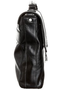 Black leather messenger bag viewed from the side, showing smooth texture, stitching, and an adjustable shoulder strap with buckle.