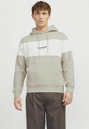 Light green and white hooded sweatshirt in a soft material, featuring a front pouch pocket and a logo on the chest.