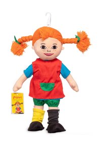 Stuffed doll with orange yarn hair styled in pigtails. Wears a red dress, blue shirt, green shorts, and mismatched black and yellow socks.