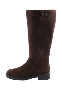 Brown suede knee-length boot with a smooth texture, rounded toe, flat black rubber sole, and a side buckle accent.