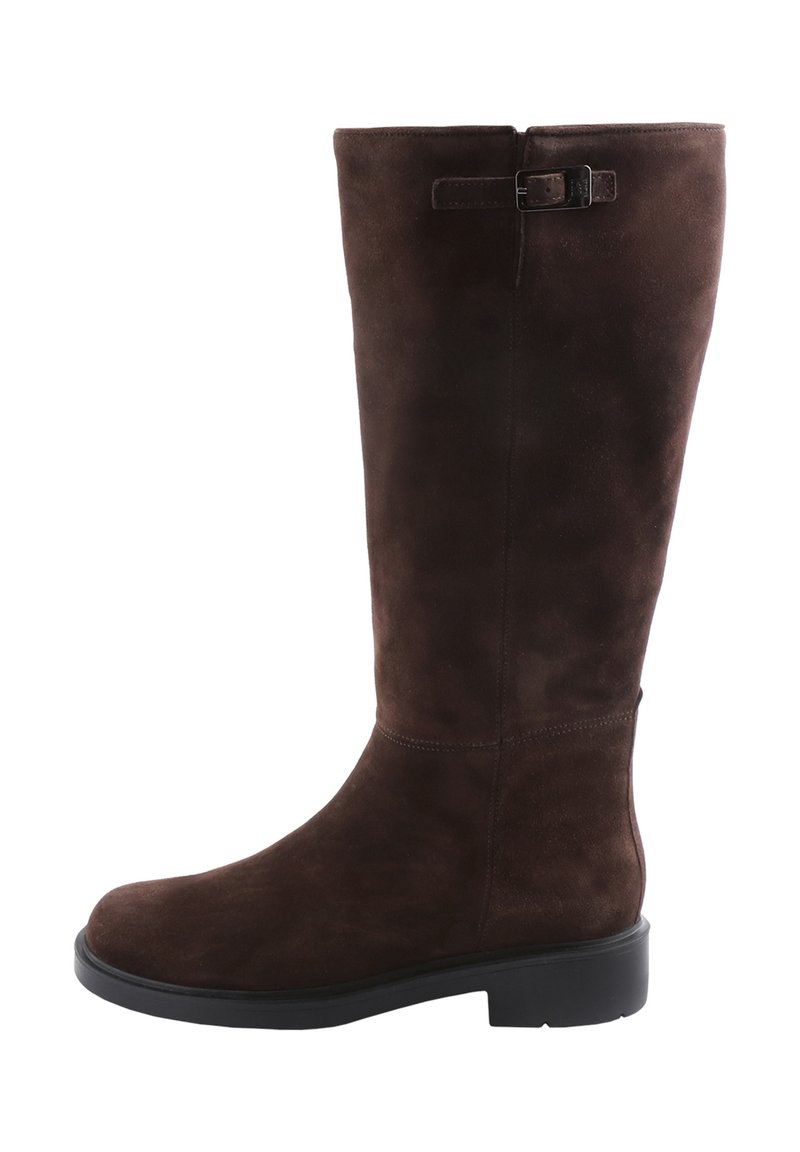 Brown suede knee-length boot with a smooth texture, rounded toe, flat black rubber sole, and a side buckle accent.