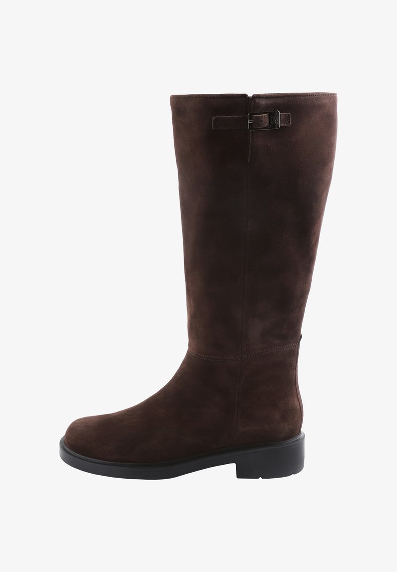 Brown suede knee-length boot with a smooth texture, rounded toe, flat black rubber sole, and a side buckle accent.