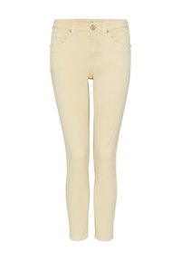 Pantalon beige slim fit avec fermeture bouton et zip, poches avant et arrière, et passants pour ceinture.