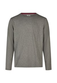 Grijze T-shirt met lange mouwen gemaakt van zacht stof, met een ronde hals en een klein rood accent aan de binnenkant van de kraag. Eenvoudig, effen ontwerp.