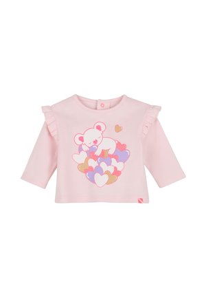 T-shirt bébé manches longues rose avec détails volantés aux épaules et un ours en peluche endormi entouré de cœurs colorés sur le devant.