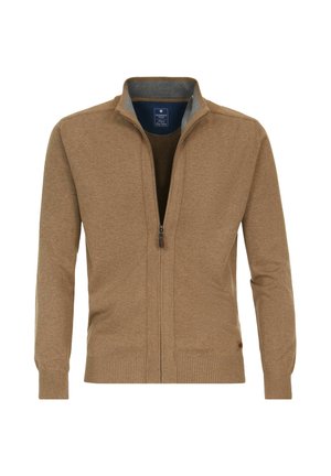 Brun zip-up sweater lavet af blødt stof med ribbet kant og manchetter. Har en høj krave og en kontrastfarvet inderforing.
