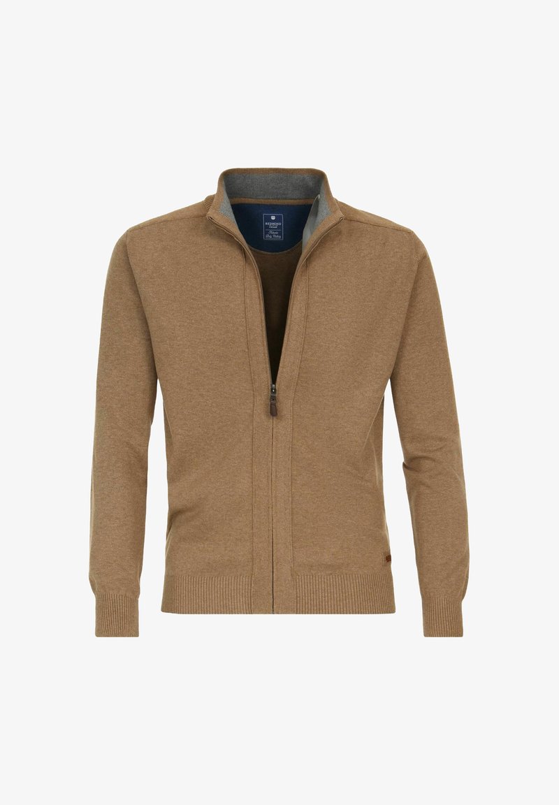 Brauner Reißverschluss-Pullover aus weichem Stoff mit geripptem Saum und Bündchen. Verfügt über einen hohen Kragen und ein kontrastierendes Innenfutter.