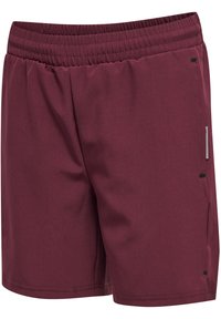 Burgunderfarbene Sportshorts mit einem elastischen Bund, glatter Textur und schwarzen Akzenten an den Seiten. Leichtes Material, das sich für sportliche Aktivitäten eignet.