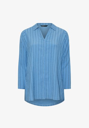 Blaues Hemd mit vertikalen Streifen, Kragen und langen Ärmeln. weiche Textur, leicht abgerundeter Saum und Vorderknopfverschluss.