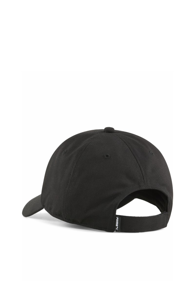 Casquette de baseball noire en tissu lisse, avec une visière courbée, une sangle ajustable à l'arrière et une étiquette de logo sur le côté.
