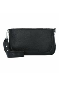 Clutch in pelle nera con motivo a rilievo, forma rettangolare e tracolla removibile. Presenta accessori in tonalità argento e superficie testurizzata.